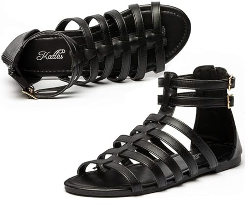 katliu Women's Gladiator Sandal Strappy Flat Sandals Two Ankle Buckle Black 8