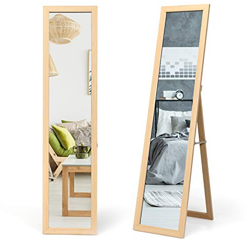 COSTWAY 2 IN 1 Ganzkörperspiegel, Standspiegel und Wandspiegel mit Holzrahmen, Ankleidespiegel 37 x 155cm, Garderobenspiegel für Schlafzimmer, Wohnzimmer und Eingangsbereich (Natur)
