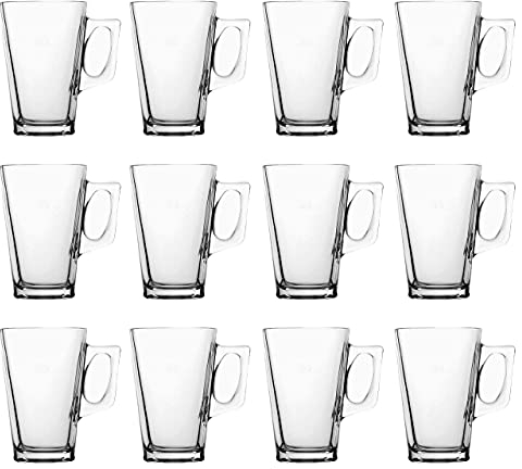 Straame - Set of 12 Latte Glasses, 240 ml Temperature Resistant - Stylish Coffee/Tea Cups, Hot Drink Cafe Mugs - Ideal for Ice Cream Latte, Espresso, Cappuccino & Hot Chocolate-Clear Mugs with Handle