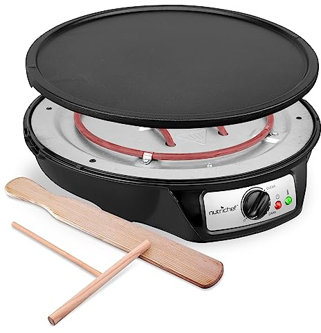 NutriChef Crepe Maker - Cooks Bacon, Roti, Tortillas & Omelets - Easy to Clean Detachable Cooktop - 12 inch Cook Area with Adjustable Temperature - Includes Wooden Spatula & Batter Spreader