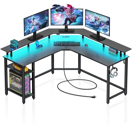 Rolanstar L Shaped Gaming Desk with LED Lights & Power Outlets, 53 Computer Desk with Full Monitor Stand & Storage Shelf, Corner Desk with Hooks, Carbon Fiber Desk Reversible