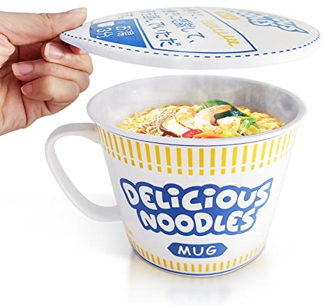 Sophie & Panda Porcelain Instant Noodle Bowl Mug with Handle 34 Oz - A Must-Have Accessory for Anyone Who Loves Asian Noodles - One Novelty 5.5” X 4.5” Ramen Bowl with Lid (Blue)