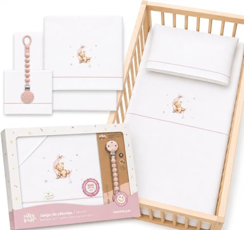 mibebestore Sabanas Cuna 60x120 100% Algodón Set 3 Piezas con Sabana Bajera Transpirable Ajustable Lavable + Funda Almohada Suave Pack para Descanso de Bebes y Recien Nacidos Blanco/Rosa + Chupetero
