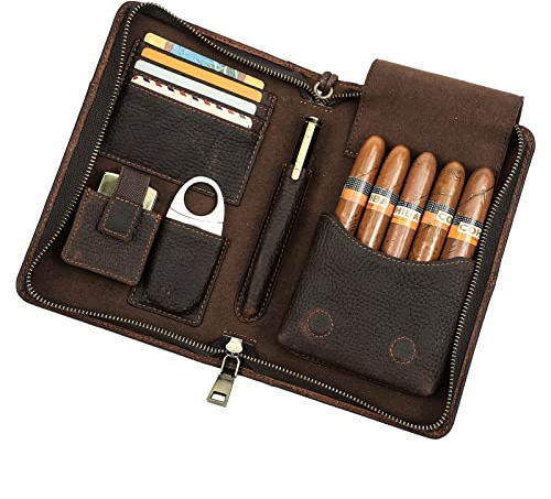 Contacts Tragbarer Reise Humidor für Zigarrenschneider, Feuerzeugfach, Lederetui für 5 Zigarren (kein Zubehör/Zigarre),multifunktionaler Zigarrenzubehör-Organizer Clutch Handytasche mit Handschlaufe