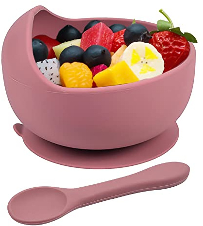 Hoseay Baby-Futternäpfe Löffel, Silikon-Entwöhnungsset für Kleinkinder mit Saugnapf, BPA-frei, Kindergeschirr, Essschüssel, Baby, Jungen, Mädchen, leicht zu reinigen, spülmaschinenfest, rosa lila