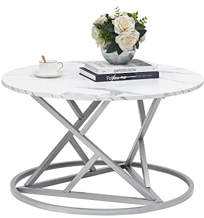 Table d'appoint moderne en marbre - Table basse ronde - Pour salon, chambre à coucher, bureau, balcon - Diamètre : 80 cm - Blanc et argent