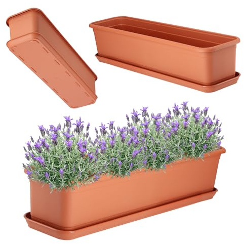 KADAX Blumenkasten 60 cm Terracotta mit Untersetzer – Balkonkasten aus Kunststoff, Pflanzkasten für Innen- und Außenbereiche, Blumentopf für Balkon, Terrasse, Fensterbank
