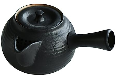BURLOE Japanische Teekanne Keramik, 600Ml Traditionelle Porzellan Einhandkanne Handgefertigt Großes Kanne mit Seitlichem Griff Tee-Sieb Nicht Glasiert,Schwarz