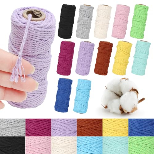 Tutamaz Makramee Garn 12Pcsx3mmx30M, Farbe Baumwollkordel Baumwollseil Baumwollschnur Macrame Garn für DIY Handwerk Basteln Boho Deko Vorhang Türvorhang Traumfänger Hochzeitsdekoration Weihnachten