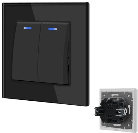 BSEED Interrupteur Va et Vient avec voyant LED,Interrupteur encastrable avec des Griffes,10A 2 Gang 2 Voie Interrupteur à bascule,Interrupteur Mural encastré pour salon, bureau, cuisine-Noir