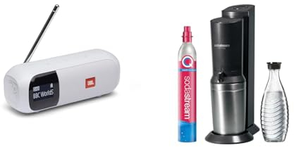 JBL Tuner 2 Radiorekorder in Weiß – Tragbarer Bluetooth Lautsprecher mit MP3 & SodaStream Wassersprudler Crystal 3.0 Quick-Connect CO2-Zylinder und 1x Glaskaraffen, Silber, Schwarz/Titan, 45 cm