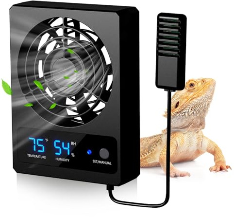 Petyoung Ventilation Fan for Reptile Enclosure, Efficient Cooling Fan Reptile Humidity Gauge with LED Display for Rainforest Terrarium Vivarium Reptiles Snakes