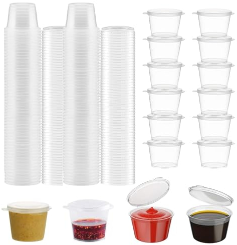 YITULOU 100Pcs Small Sauce Pots with Lids, 1oz Reusable Small Plastic Containers with Lids, Small Sauce Pots with Lids for Chutney Ketchup Salads Chilli Sauce Indoor or Outdoor Activities(25ml)