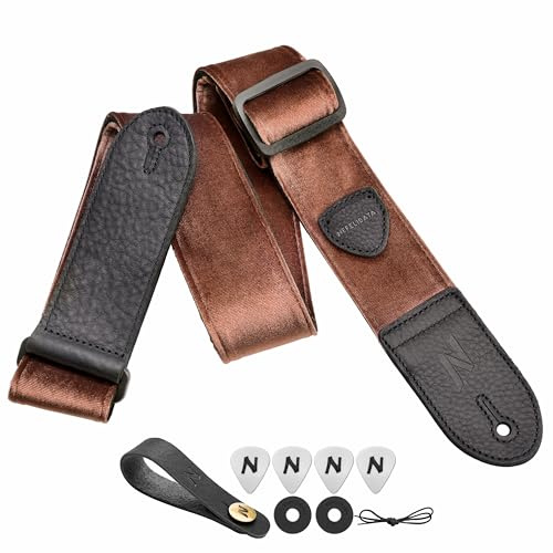Nefelibata Guitar Strap,Double Full-Grain Leather Ends,Vintage Velvet Strap/FREE BONUS-4 Picks+Strap Locks+Strap Button,Gift For Bass,Electric&Acoustic Guitars(Vintage Coffee Brown)
