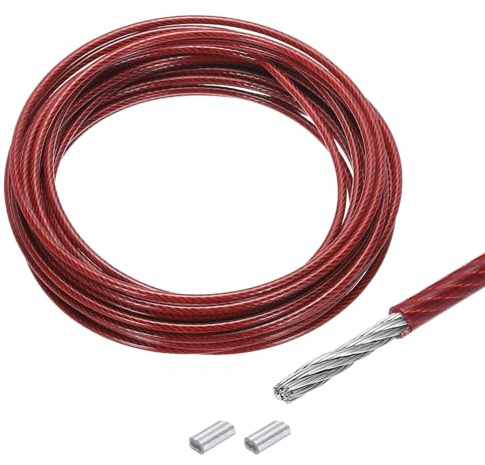 QUARKZMAN Drahtseil Edelstahl 10M x 4 mm Stahlseil PVC ummantelt mit 2 Aluminiumhülsen Sicherungsdraht Aufhängedraht Drahtkabel Wäscheleine für Bilder Outdoor Zaun Gardinen, Rot