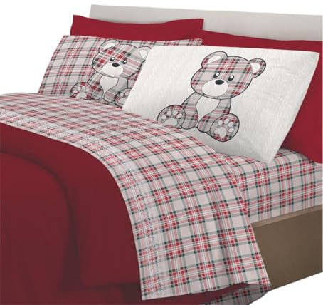 PELLECCHIA 1969 Set Lenzuola Calda Flanella, Morbida Anti Pilling,Made in Italy| Fantasia Orsetto Tartan Scozzese | Include Lenzuolo Sotto, Sopra e 2 Federe Double face (Rosso, Matrimoniale)
