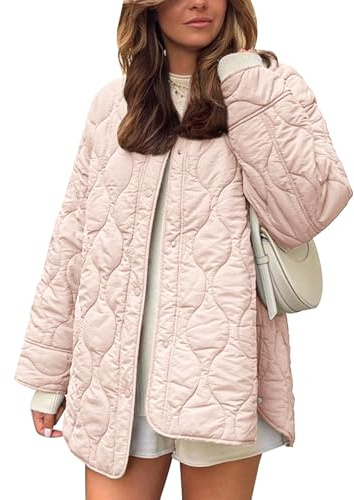 Flygo Women's Oversized Quilted Lightweight Jacket Button Down Puffer Padded Outerwear with Pocket(Pink-M)