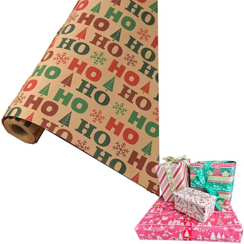 Kraft omslagspapper rulle, jul HOHO bokstäver snöflingor julklapp inslagning med strängar 100 % återvinningsbar eco present till jul födelsedagspresent baby shower festdekor, 43 cm x 10 m