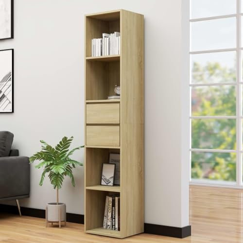 KATERYY Bücherregal Sonoma-Eiche 36x30x171 cm Holzwerkstoff,Stilvolles Bücherregal aus Sonoma Eiche mit 4 Regalböden und 2 Schubladen für Moderne Wohnräume Wohnzimmer, Bücherregale & Bücherschränke