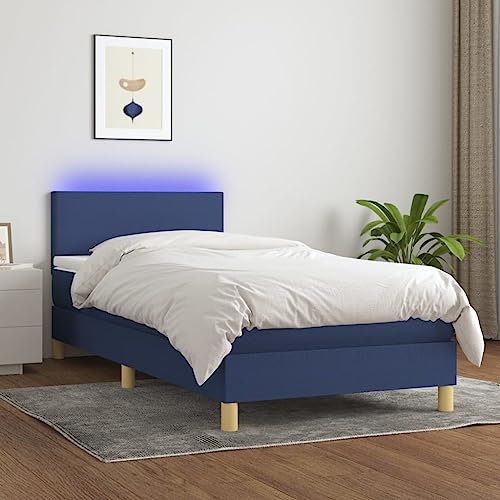 Tidyard Boxspringbett Bettgestell Polsterbett Jugendbett Bett Schlafzimmerbett Hotelbett Einzelbett/Doppelbett Lattenrost, mit Matratze & LED Blau 100x200 cm Stoff6c