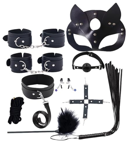 10 Pcs Sex Bondage BDSM Fesseln Kits, Fetisch Handschellen Füße Manschetten Choker Gag Ball Maske Seil Teaser Nippel Clips Peitsche Kreuz für SM Erwachsene Spiel Anfänger (Schwarz)