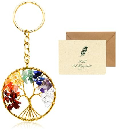 SwirlColor Baum des Lebens Schlüsselanhänger, 7 Chakra Heilung Kristall Lebensbaum Schlüsselanhänger Edelstein Glück Anhänger Schlüsselanhänger Damen mit einer Karte