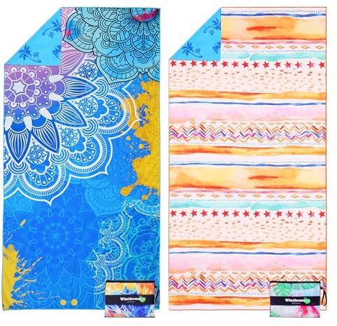 Winthome Strandtuch Wasserloser Öko-Duplexdruck Schnelltrocknend Sandfrei | Strandhandtuch Mikrofaser Groß Leichtes, Badetuch für Strand Schwimmen Sauna Camping, mit Tasche, OEKO (180x90cm, 2 Pack)