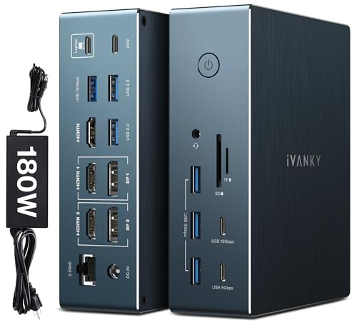 iVANKY Triple Display DisplayLink Docking Station for Window/MacBook Pro | mit 180W Netzteil, 4K@60Hz, 20-in-1 Dock für M5/4/3/2/1 Mac/Windows, 2.5GbE, 3 HDMI, 10Gbp, DisplayLink-Treiber erforderlich