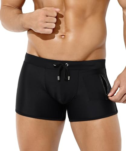 Casey Kevin badbyxor herr korta tajta badshorts med dragsko och dragkedja simbyxor, snabbtorkande badbyxor pojkar vattensport simkläder skolsimning shorts herr, E1-svart, L
