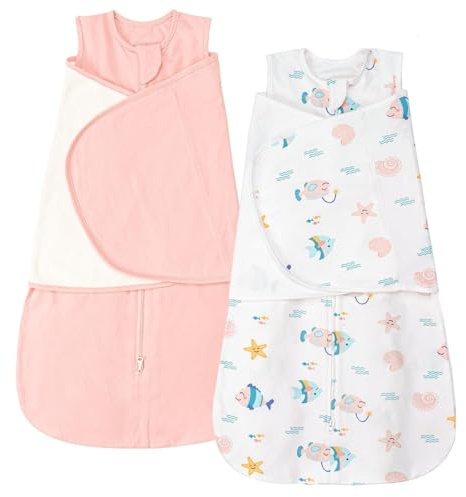 ZIGJOY Sovsäck swaddle 1,0 Tog baby bärbar filt 100 % bomull baby swaddle filt för nyfödda 6-12 månader hav och rosa