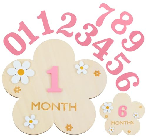 1 Set Meilensteinkarten Baby,DIY Blumen Meilensteinkarten Baby Holz,Austauschbare Figur Babys Monatskarten (1-12 Monate,Rosa)