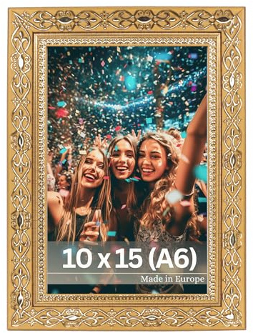 VictoR Cornice portafoto vintage oro 10 x 15 cm (A6) Vermeer – Antica cornice barocca con vetro acrilico – robusta parete posteriore in MDF – per formato verticale e orizzontale – A4 cornice oro