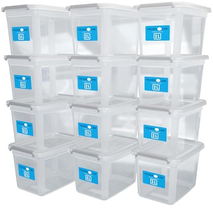 ATHLON TOOLS 12x 2L Aufbewahrungsbox mit Deckel klein – 100% Neumaterial | Transparent - BPA Frei – stapelbare Behälter – graue Verschlussclips – nahezu Luftdicht - Organizer