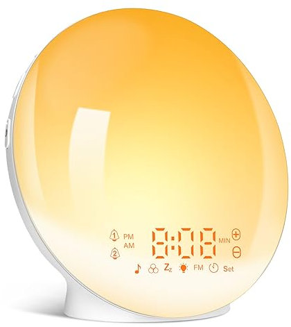 Sonnenaufgangswecker mit Aufwachlicht und Sonnenuntergangssimulation, 7-farbige Nachttischlampe, Dual-Alarme, Schlummerfunktion, natürliche Klänge, FM-Radio – perfekt für sanfte Morgen