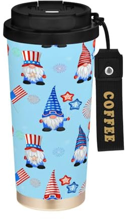 JUMBEAR Taza de viaje con aislamiento al vacío de gnomos del Día de la Independencia, tazas de viaje reutilizables para café, taza de café de acero inoxidable de doble pared a prueba de fugas con tapa