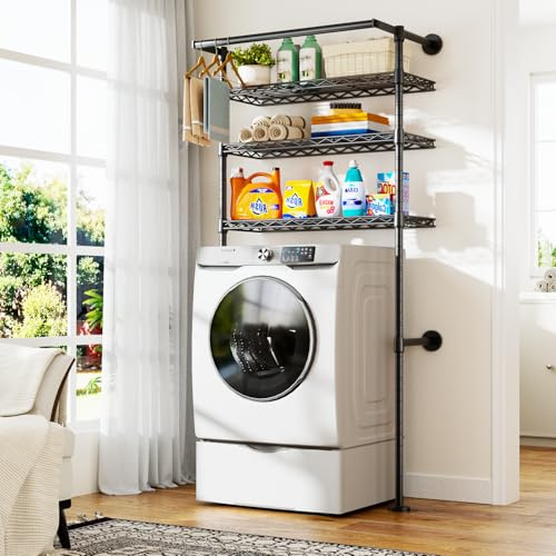 ULIFHOME U17 Wall-Mounted Over Washer and Dryer Storage Shelves, Without Moving Washer or Dryer Laundry Room Storage Rack with Hanger Rod, 35 W x 22 D x 86.2 H, Holds 352 lbs, Black