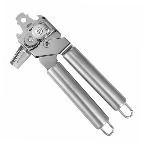 Abrelatas Multifunción de Acero Inoxidable Plata Manual | Empuñadura Ergonómica Antideslizante, para Comida en Lata y Tapón de Cerveza, Uso en Cocina Profesional