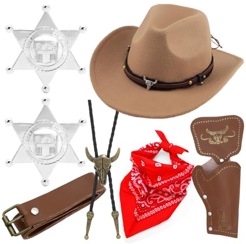 YskerrigToy Cowboy Kostüm Zubehör Set, Cowboy Hut Cowboys Fancy Dress Zubehör Set mit Cowboyhüte Bandana Brillen Western Cowboys Outfits Accessoires Karneval Kostüms Kit für Maskeraden Cosplay