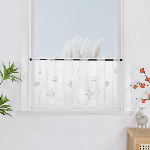 Yujiao Mao Weihnachtliche Scheibengardine mit Goldener Sternen-Stickerei Weihnachts Bistrogardine Festliche Fensterdeko für Küche Bad Tunnelzug Transparent Weiß H45xB140cm, 1 Stück