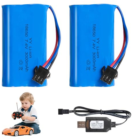 XPJBKC Batería de iones de litio de 7,4 V, 2 baterías de iones de litio recargables de 3000 mAh, batería de iones de litio con conector SM-3P, cable de carga, batería recargable para vehículos RC