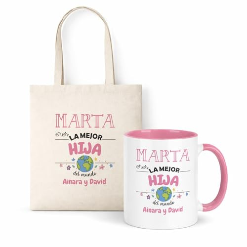 Kembilove® Taza regalo hija personalizada con nombre | Pack taza y bolsa para la mejor hija del mundo | Regalo original cumpleaños, navidad y ocasiones especiales
