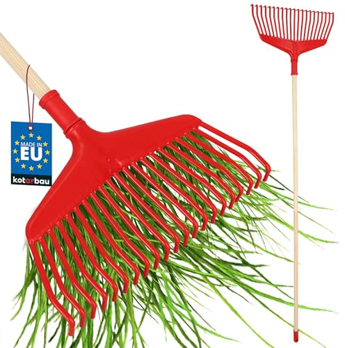 KOTARBAU® Laubrechen Kunststoff - 38 cm - mit Holzstiel 1,5 m - Extra-Click - Heurechen - Laubharke - Rechen für Herbstlaub & Heckenschnitt - Gartenrechen - Kunststoff - Rot & Naturfarbe