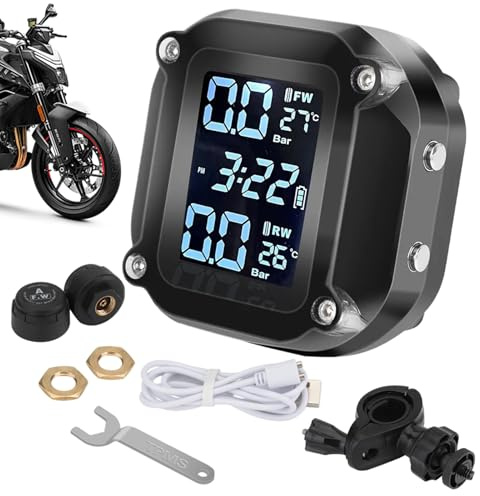 Generico Monitor di Pressione Pneumatici - Display LCD Rilevatore Gomme Moto - Impermeabile Allarme Gomme con Sensore Esterno - per Sicurezza Guida Pendolarismo Touring