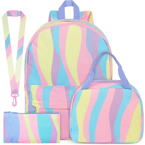Get Trend Swirl Sac a Dos Fille Set, 4 Pcs Cartable, Trousse Scolaire, Sac Isotherme Repas et Porte Badge Tour de Cou Courroie, Cadeau Fille (Multi)