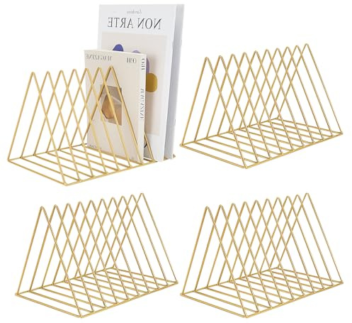 HAOTIAN-X 4 raccoglitori triangolari, 9 portariviste in oro, in metallo, in vinile, per desktop, libreria, organizer per ufficio e casa (triangolo dorato)