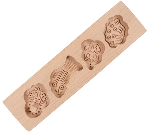 SEWACC Wooden Mooncake Mold Baking Mold 4-Cavity Flower Basket Small Fish Design DIY Baking Supplies for Homemade Mooncake and Pastry UK