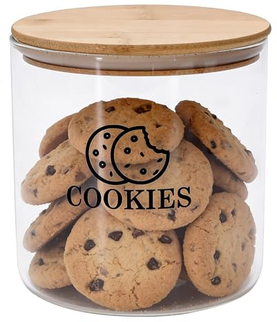 Punorric Biscuit Jar, 2.2L Glass Biscuit Barrel for Kitchen, Airtight Cookie Jar with Wooden Lid, Round Wide Mouth Storage Jar for Candy Buffet and Snacks, Stackable Food Storage Container