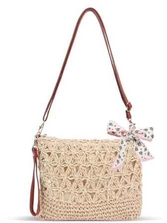 Hittriu Crossbody Crochet Beach Bags for Women, Zip Straw Crossbody Bag with Scarf, Hobo Straw Shoulder Bag Handbag for Vacation Beach Seaside (Off White)