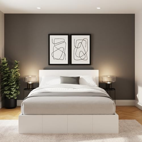 GFW End Lift Double White Upholstered Fabric Ottoman Bed Frame, Storage Bed with Hydraulic Lift and Stitched Headboard