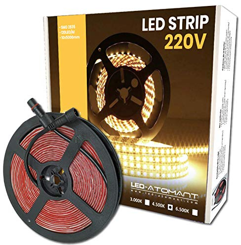LED ATOMANT Rollo de 5 metros de Tira de Luz LED Directa a 220v, 12W/m, Color Blanco Neutro (4500K), Impermeable (IP65), Corte cada 10cm